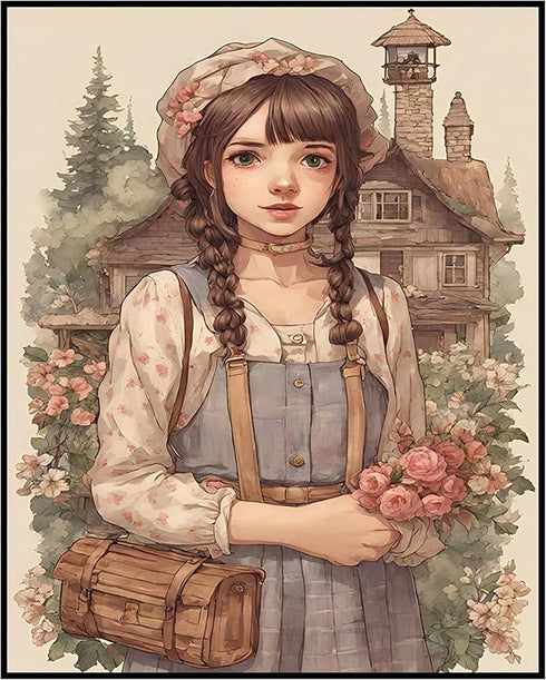 Posterizer 1 pcs- Little girl holding a pink flower bouquet-Girls room art-Floral Botanical Art-Gift for Women, Girlfriend-decor for Bedroom, Off...